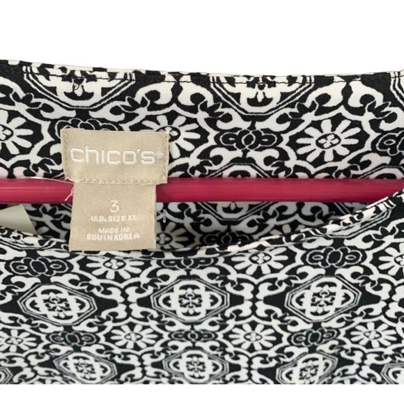 Chicos Womens Size 3 XL New Tunic Top Shirt Tie Wrap Side Black WHite Print 3/4 - Picture 3 of 3